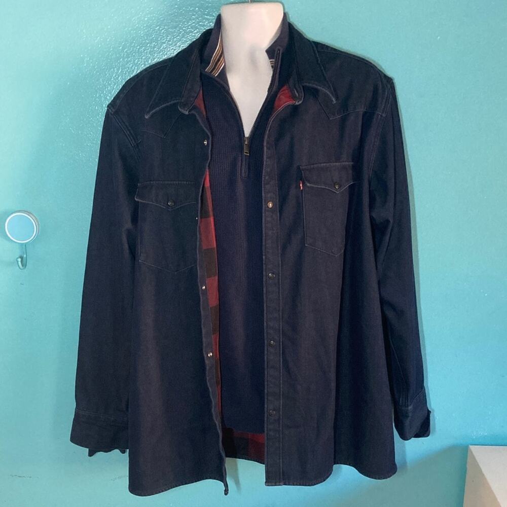 Levis Mens Size XXL Dark Blue Denim Cotton Lined Jacket Snap Front Relaxed Fit
